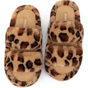Women's Leopard Print Fluffy Fleece Open Two Band Lining Rubber Sole Slippers